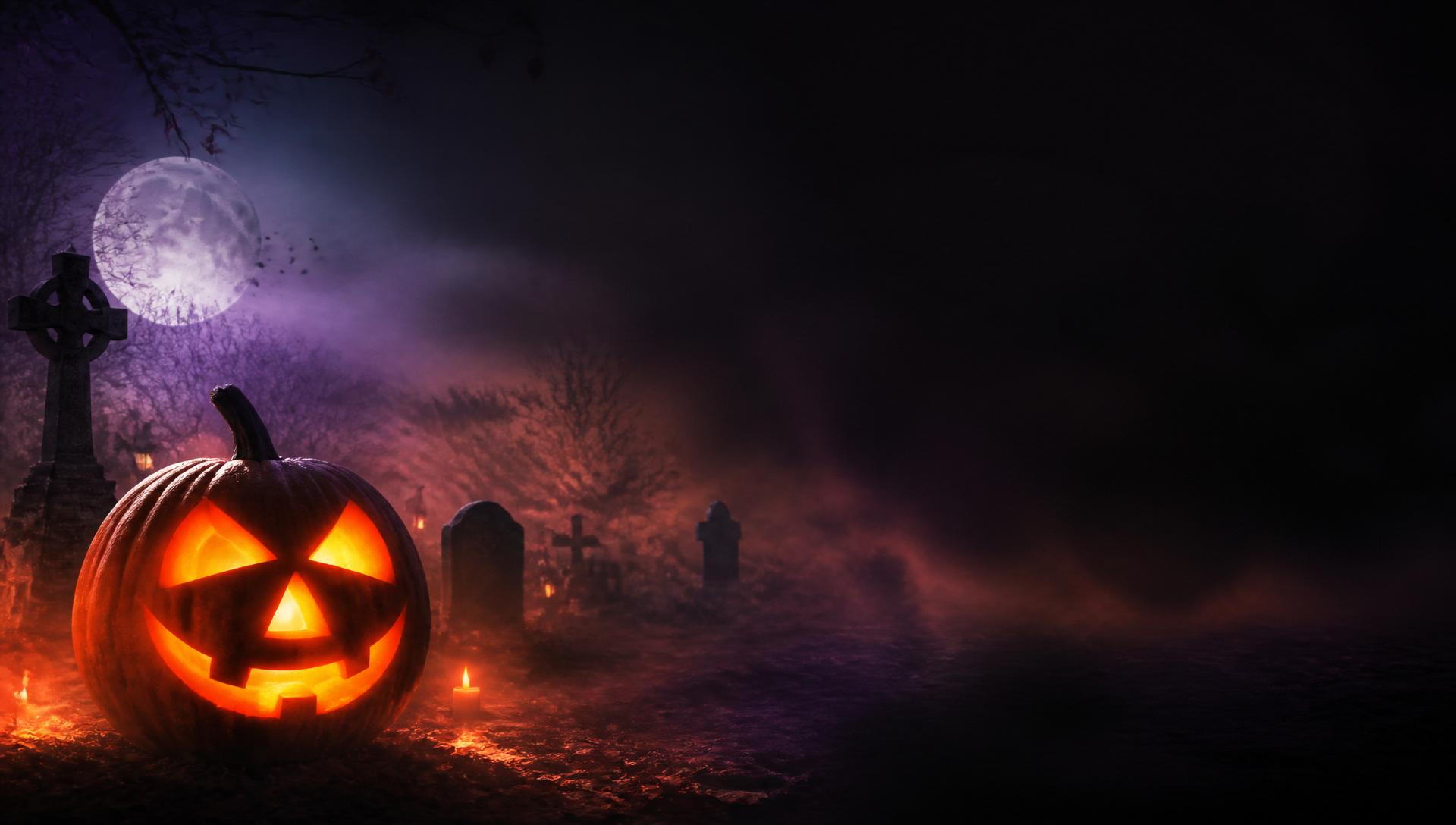 Glowing jack-o-lantern in a misty graveyard