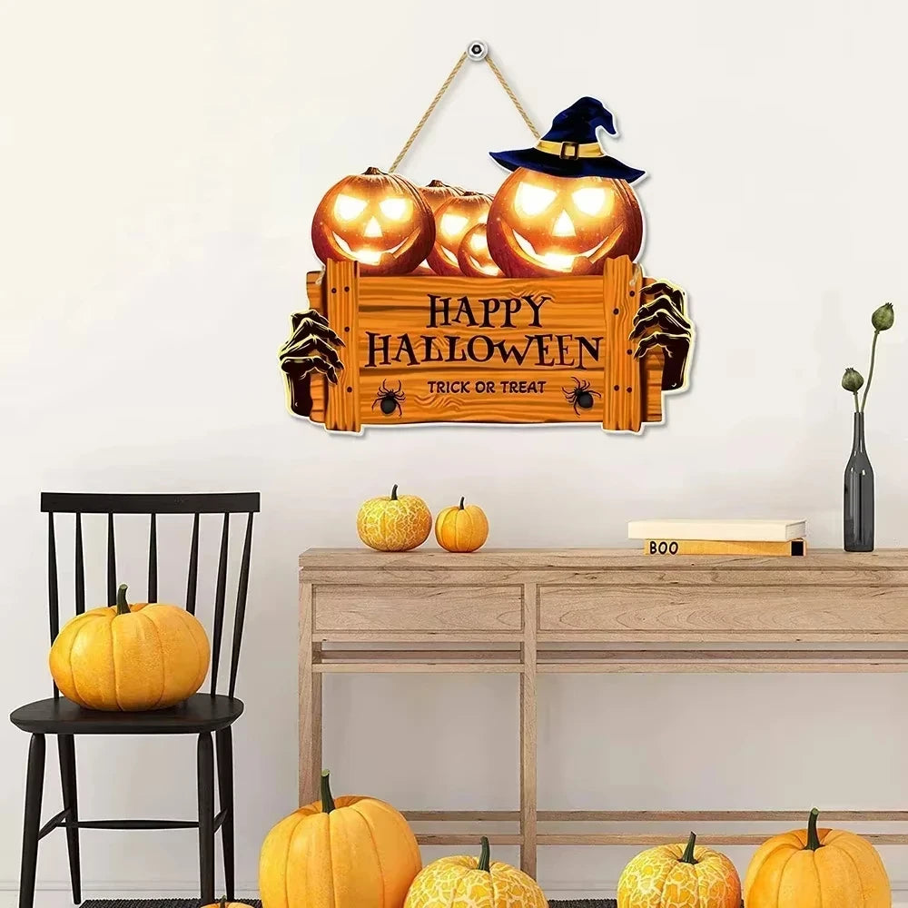 Ghost Face Pumpkin Door Sign - Halloween 2024 Wooden Decor