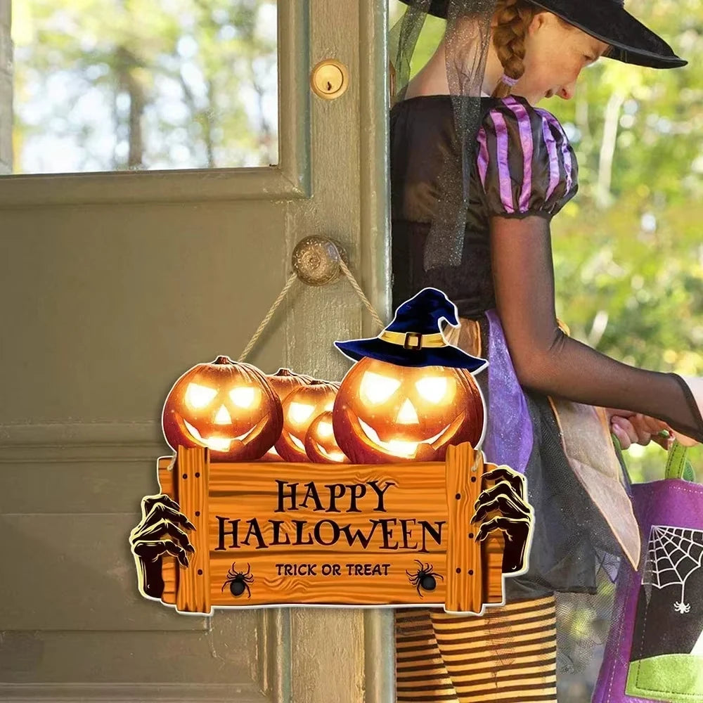 Ghost Face Pumpkin Door Sign - Halloween 2024 Wooden Decor