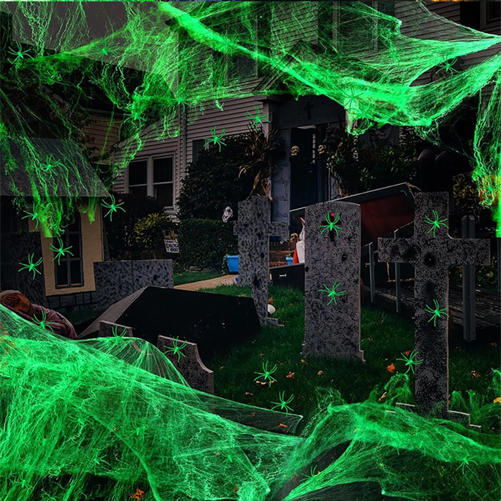 Luminous Spider Web with Fake Spiders - Halloween Decor